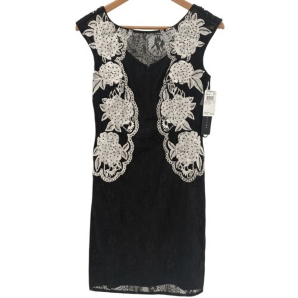 Aidan Mattox Dress Sheath Women Size 2 Black Lace White Beaded Sleeveless New